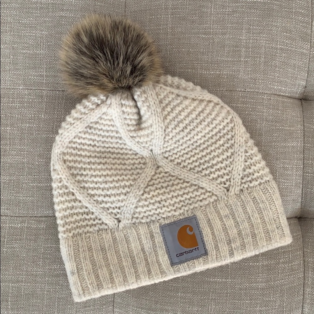 Carhartt Ivory Wool Beanie with Fur Pom